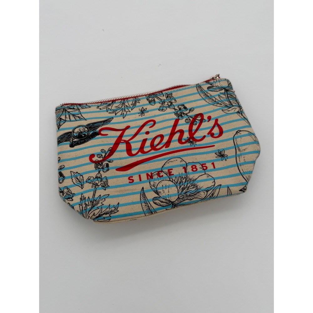 Kiehls Since 1851 Canvas Makeup Bag Blue Striped Floral Cosmetic Pouch Red Liner